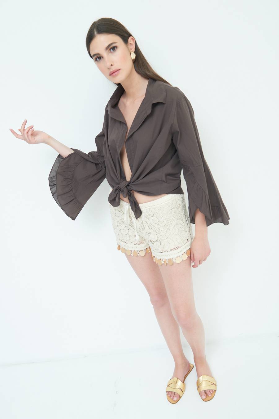 Kikisix CAMICIA MUSSOLA CON NODO CIOCCOLATO Soddisfazione Garantita