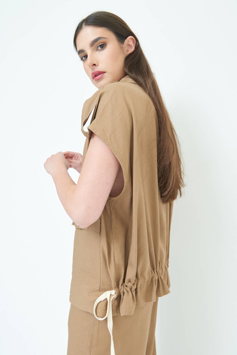Kikisix GIACCA CAMICIA CON TASCHE VISCOSA LINO TABACCO Acquista Ora
