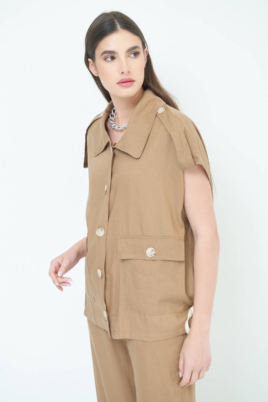 Kikisix GIACCA CAMICIA CON TASCHE VISCOSA LINO TABACCO Acquista Ora