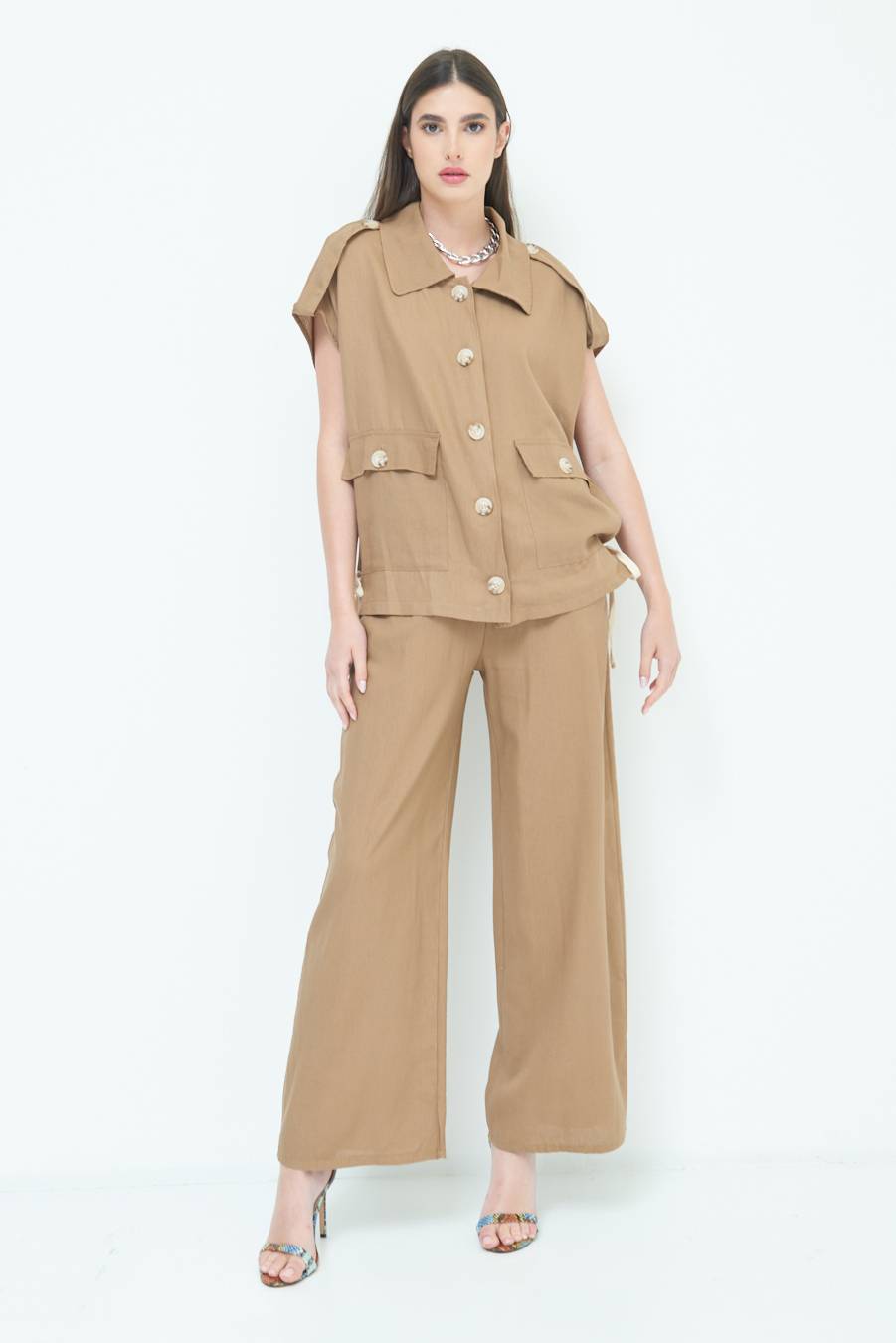 Kikisix GIACCA CAMICIA CON TASCHE VISCOSA LINO TABACCO Acquista Ora