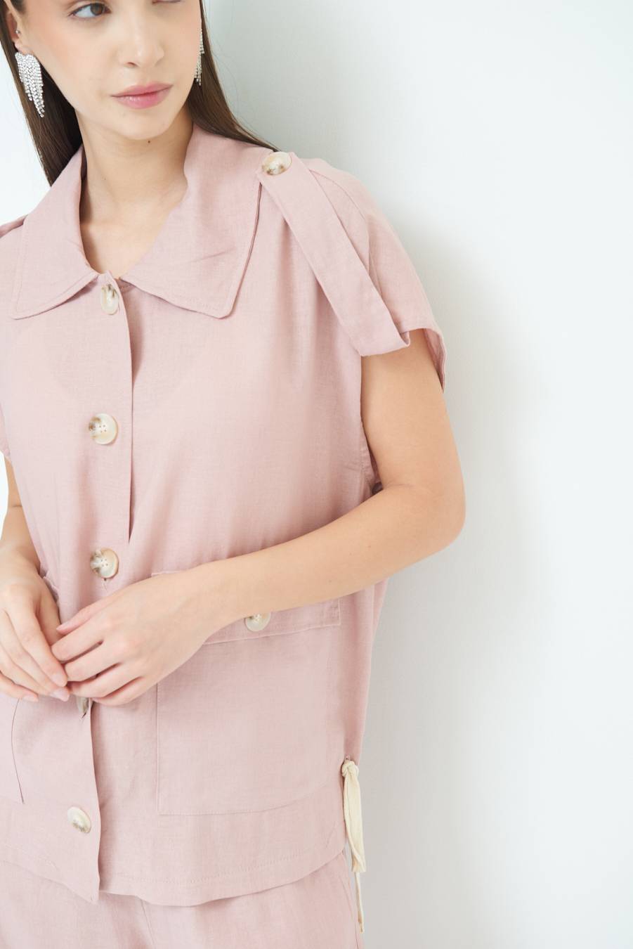 Kikisix GIACCA CAMICIA CON TASCHE VISCOSA LINO ROSA Consegna Veloce