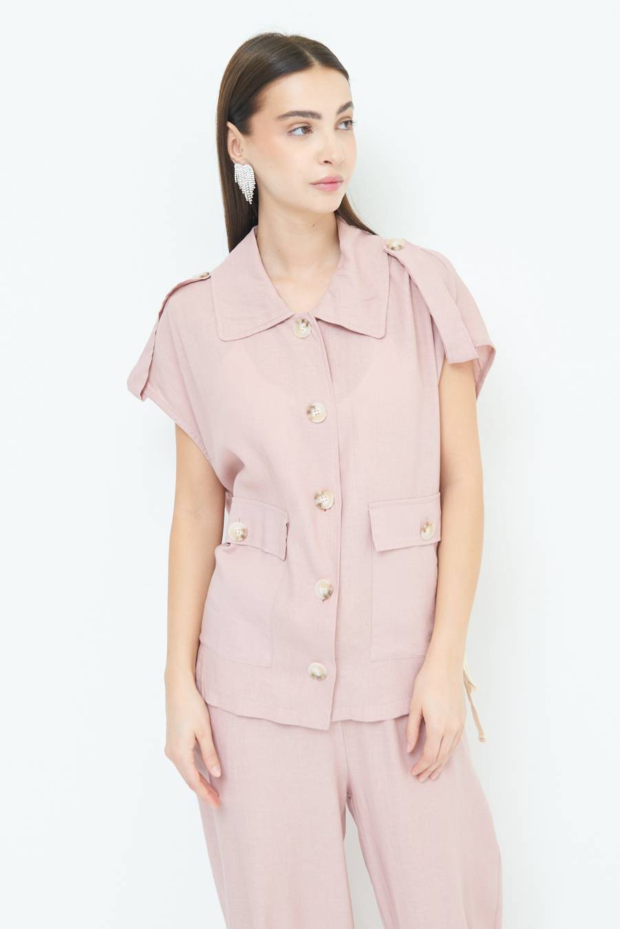 Kikisix GIACCA CAMICIA CON TASCHE VISCOSA LINO ROSA Consegna Veloce