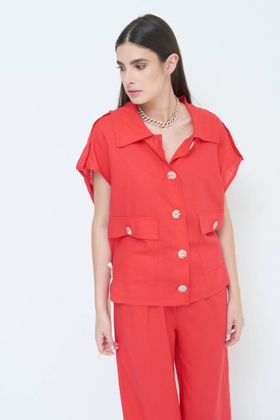 Kikisix GIACCA CAMICIA CON TASCHE VISCOSA LINO ROSSO Promozione Limitata