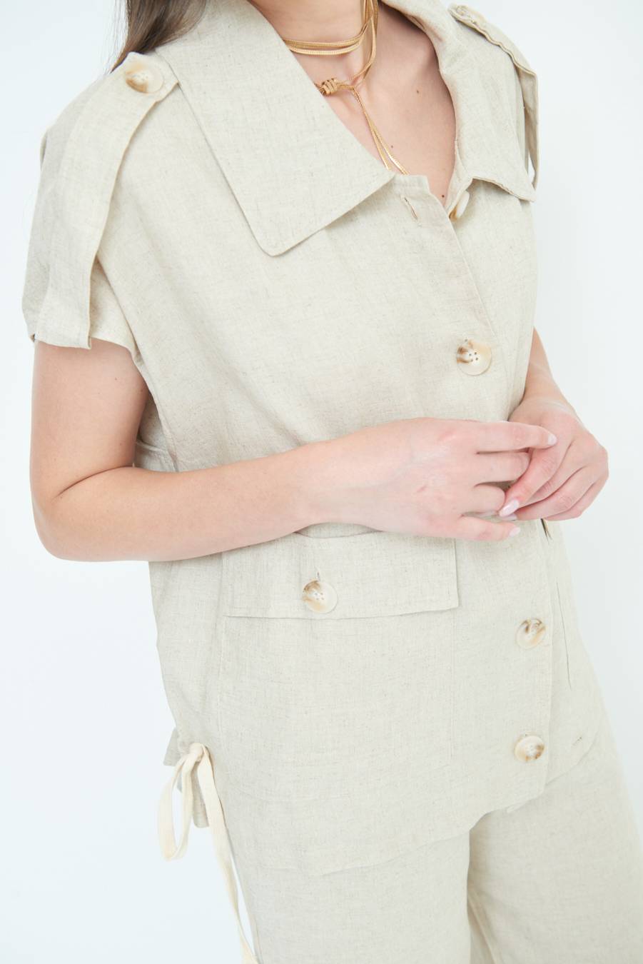 Kikisix GIACCA CAMICIA CON TASCHE VISCOSA LINO NATURALE Fino Al -60%