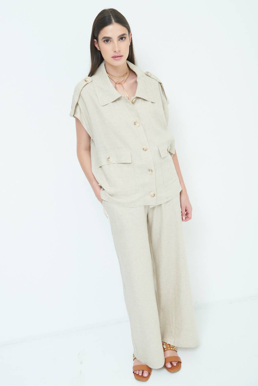 Kikisix GIACCA CAMICIA CON TASCHE VISCOSA LINO NATURALE Fino Al -60%