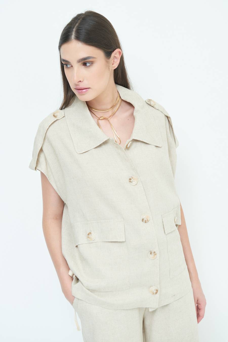 Kikisix GIACCA CAMICIA CON TASCHE VISCOSA LINO NATURALE Fino Al -60%
