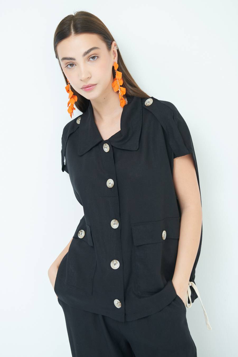Kikisix GIACCA CAMICIA CON TASCHE VISCOSA LINO NERO Shopping Online