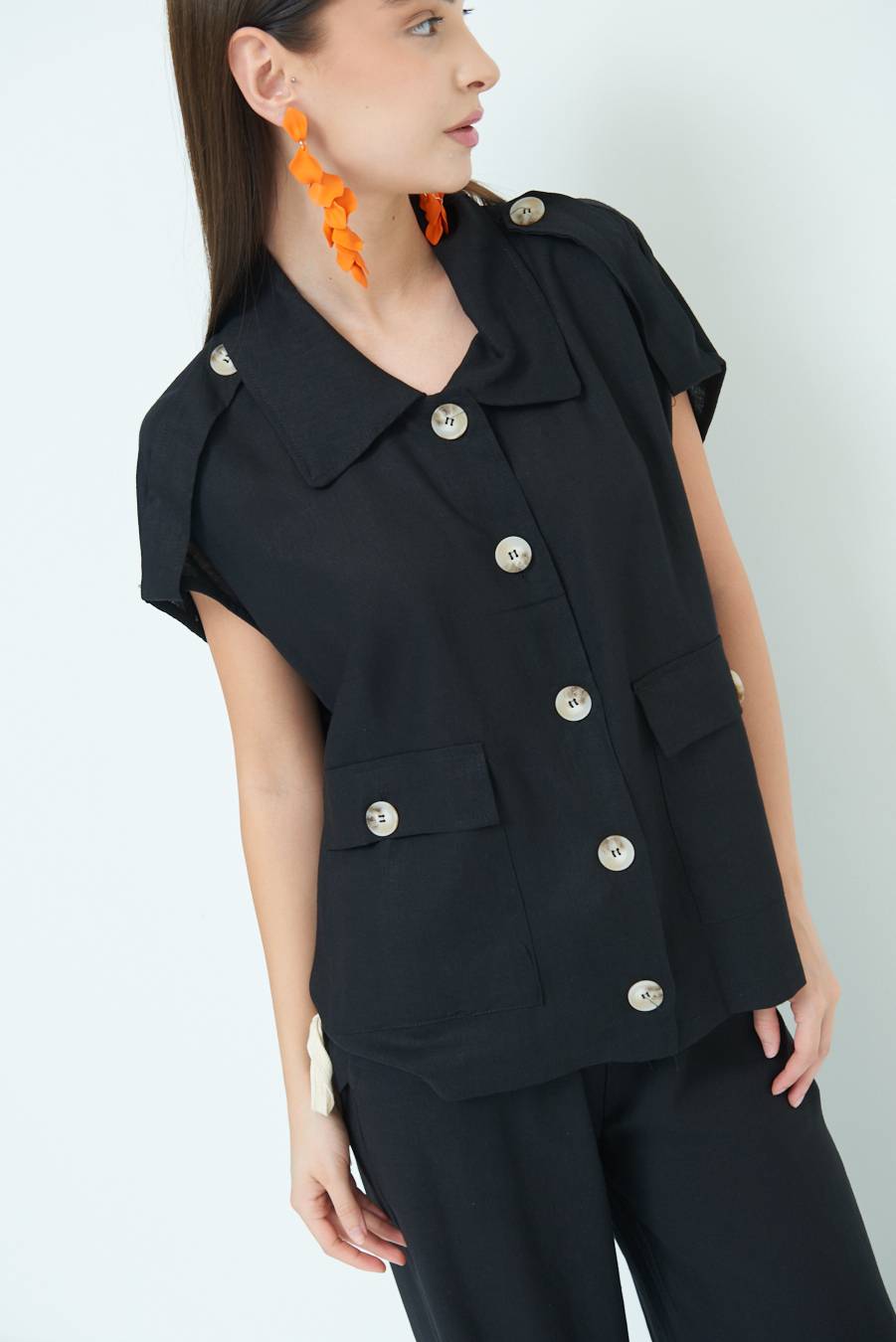 Kikisix GIACCA CAMICIA CON TASCHE VISCOSA LINO NERO Shopping Online
