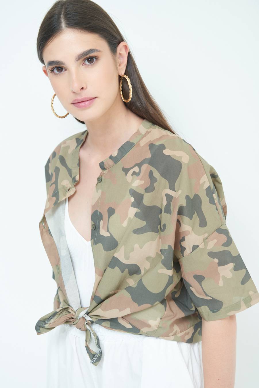 Kikisix CAMICIA CON NODO CAMOUFLAGE VERDE MILITARE Affare Del Giorno