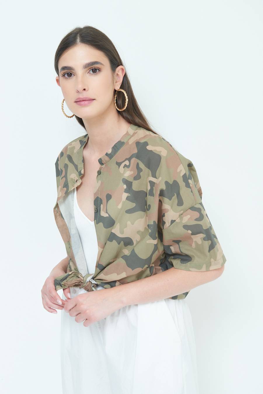 Kikisix CAMICIA CON NODO CAMOUFLAGE VERDE MILITARE Affare Del Giorno