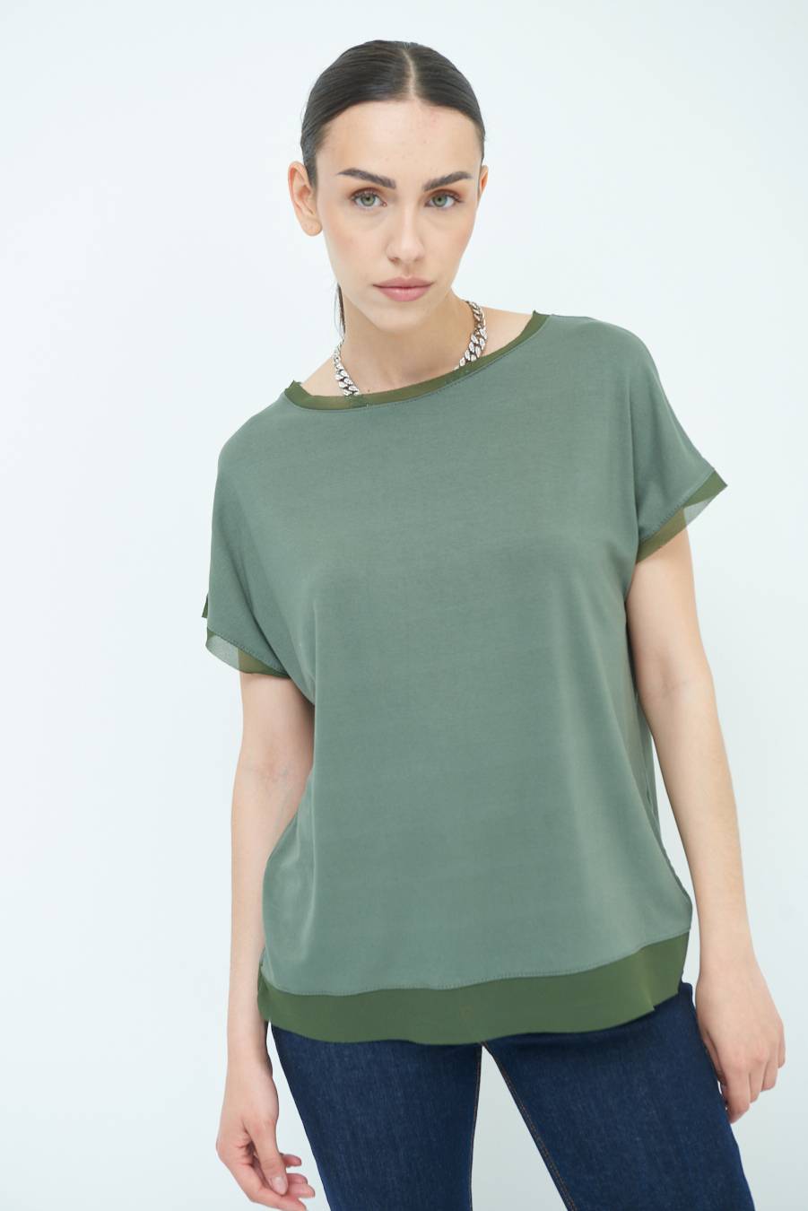 Kikisix MAGLIA PROFILO GEORGETTE VERDE MILITARE Novità