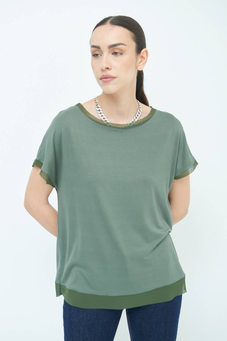 Kikisix MAGLIA PROFILO GEORGETTE VERDE MILITARE Novità