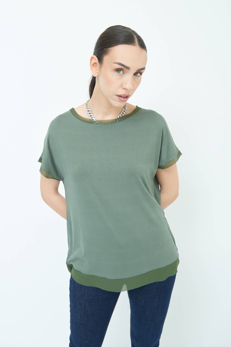 Kikisix MAGLIA PROFILO GEORGETTE VERDE MILITARE Novità
