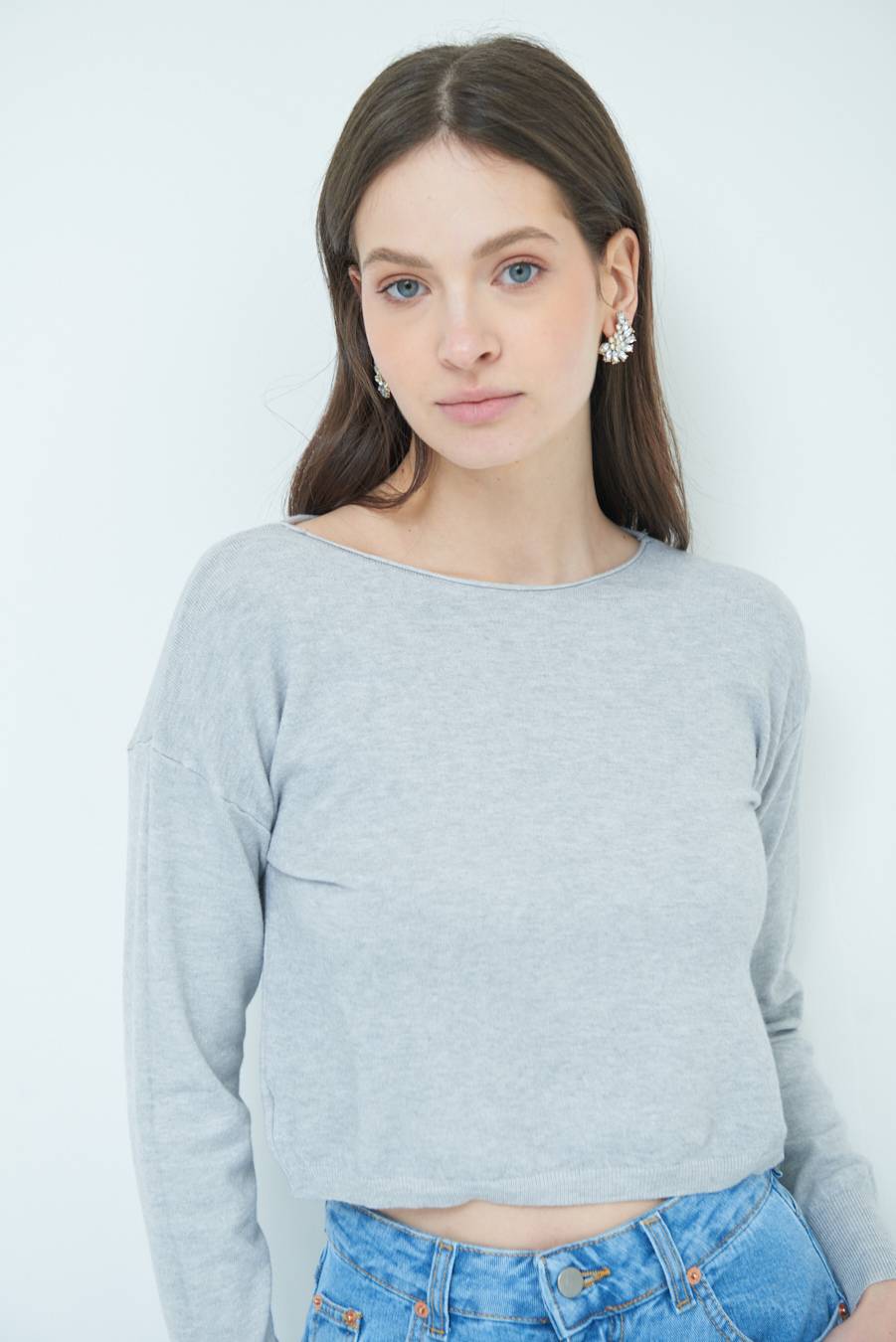 Kikisix MAGLIA SCATOLINA SCOLLO A BARCA GRIGIO Vendite Flash