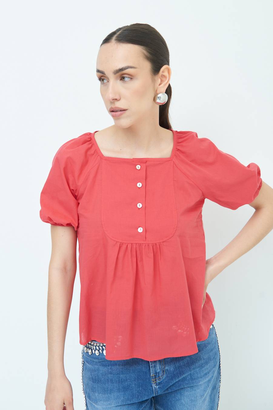 Kikisix CAMICIA CON BOTTONCINI DAV. COTONE ROSSO Affare Del Giorno