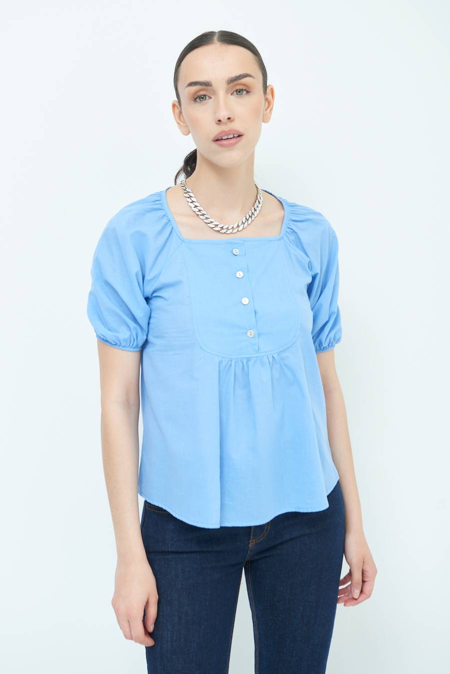 Kikisix CAMICIA CON BOTTONCINI DAV. COTONE CELESTE Sottocosto