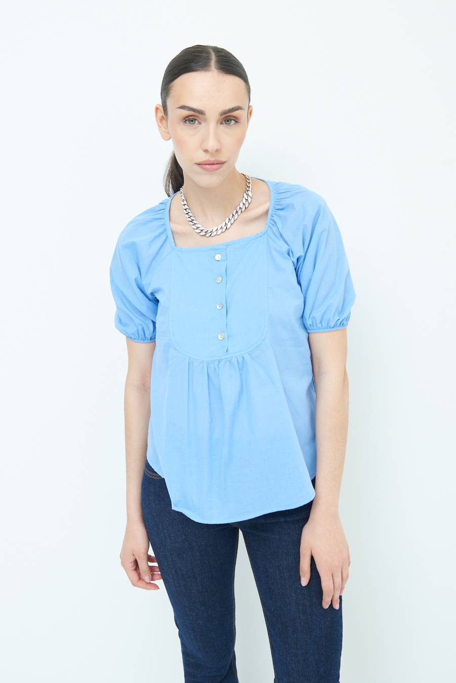 Kikisix CAMICIA CON BOTTONCINI DAV. COTONE CELESTE Sottocosto