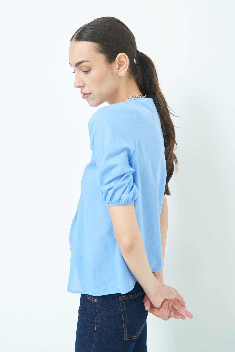 Kikisix CAMICIA CON BOTTONCINI DAV. COTONE CELESTE Sottocosto