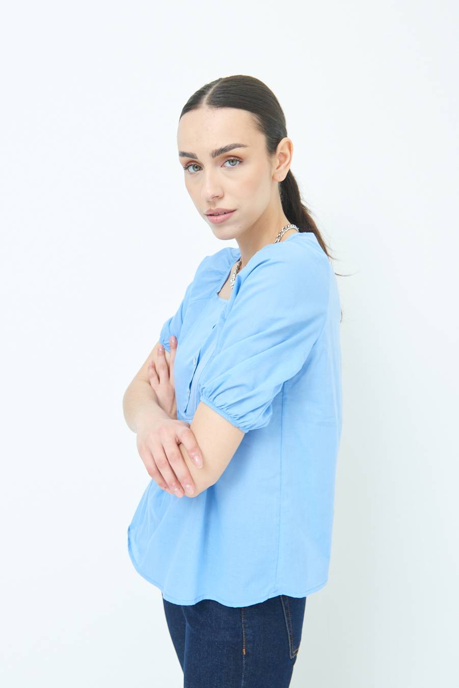 Kikisix CAMICIA CON BOTTONCINI DAV. COTONE CELESTE Sottocosto