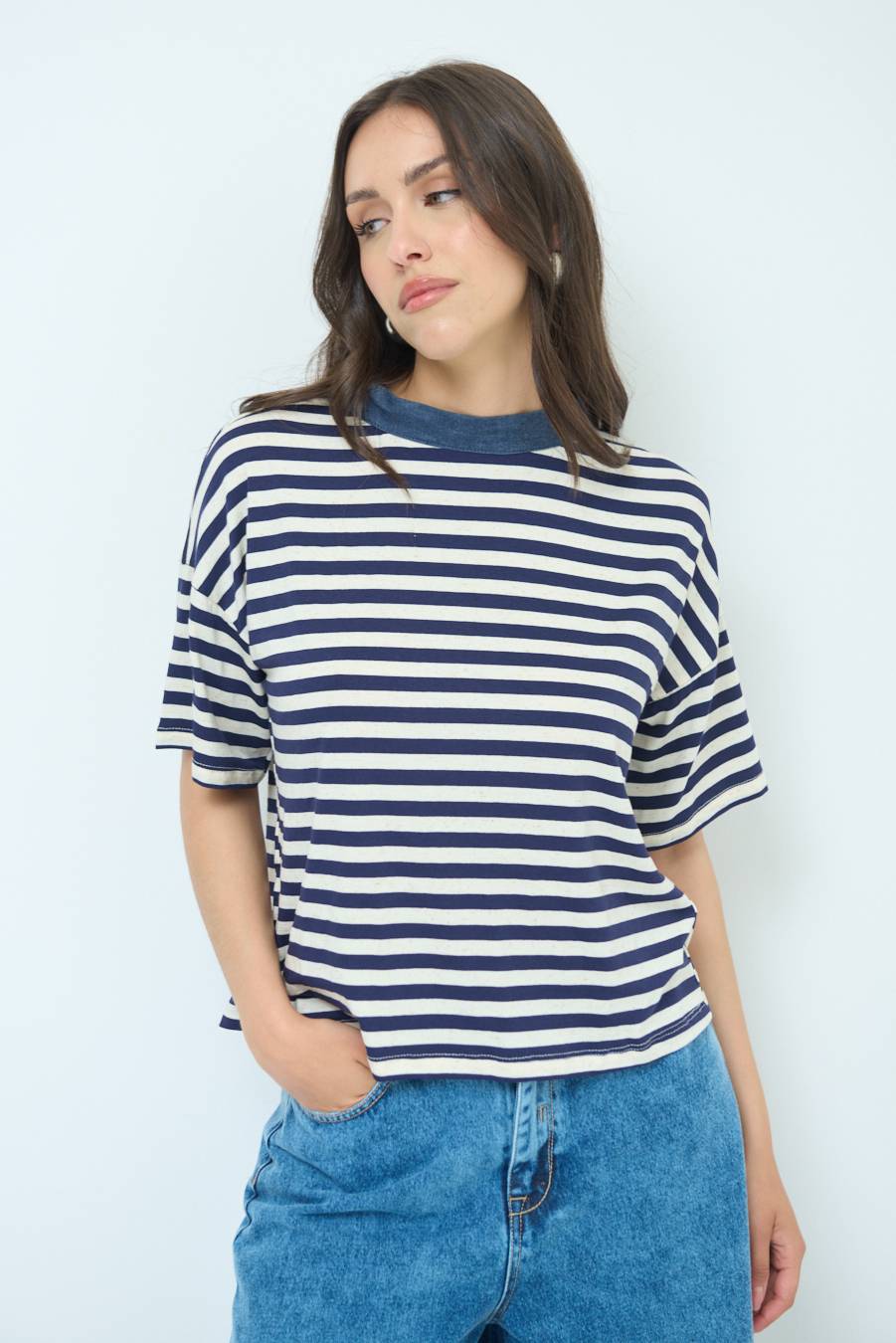 Kikisix T-SHIRT OVER RIGA CON FIOCCHI VISCOSA/LINO BLU Hotsell