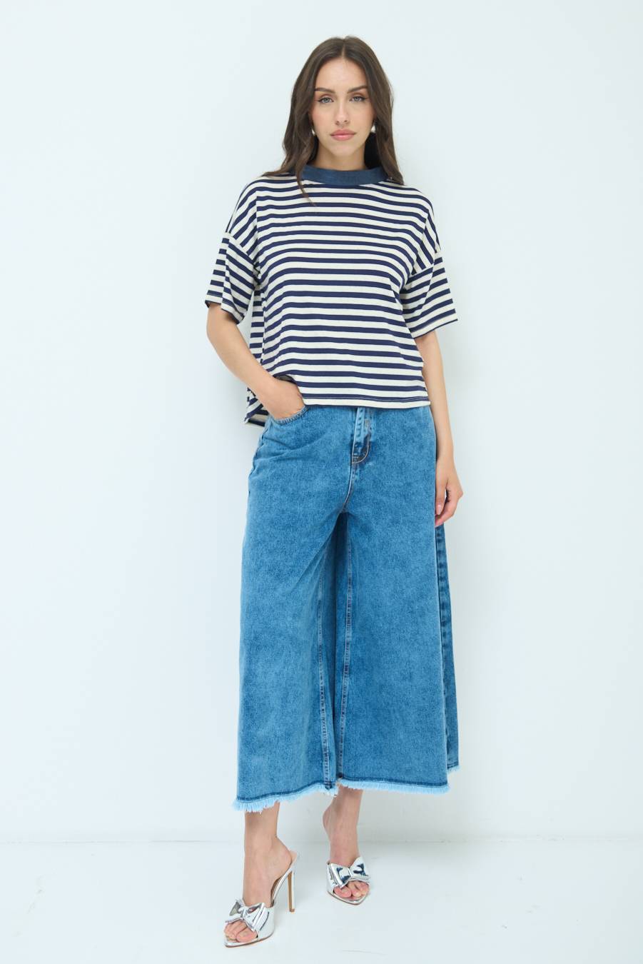Kikisix T-SHIRT OVER RIGA CON FIOCCHI VISCOSA/LINO BLU Hotsell