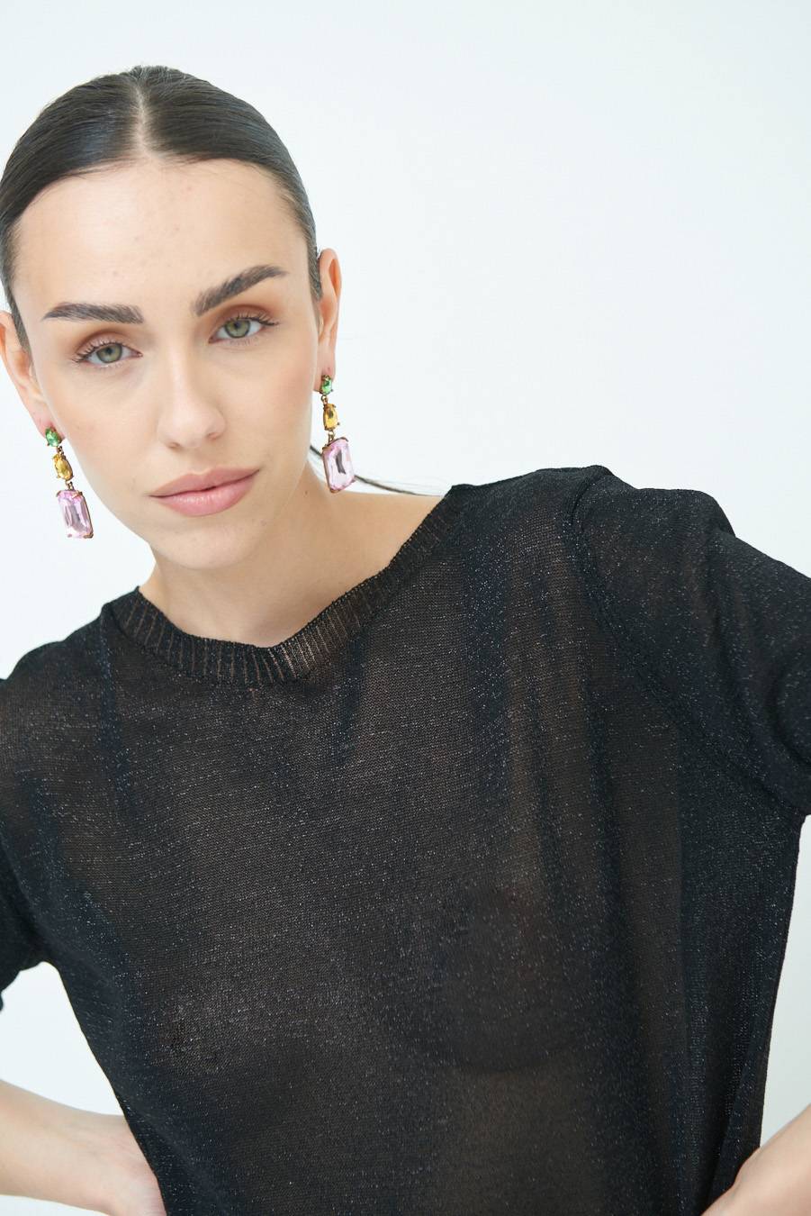 Kikisix MAGLIA LUREX PARICOLLO NERO Vendita Calda