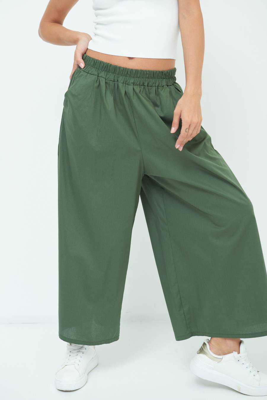 Kikisix PANTALONE CROP ELASTICO UNITO VERDE MILITARE Qualità