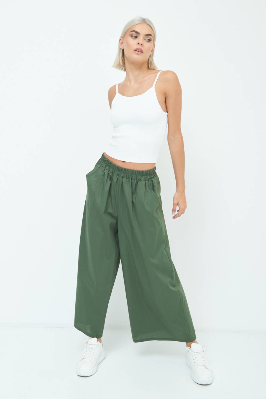 Kikisix PANTALONE CROP ELASTICO UNITO VERDE MILITARE Qualità