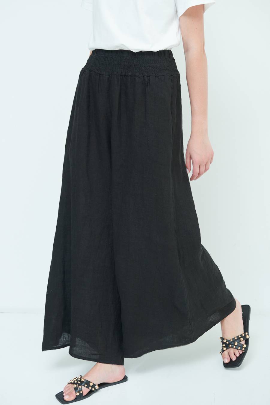 Kikisix PANTA PALAZZO LINO CON ELASTICI NERO Qualità Garantita