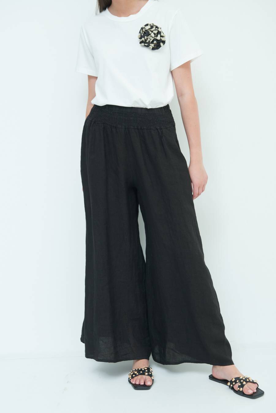 Kikisix PANTA PALAZZO LINO CON ELASTICI NERO Qualità Garantita