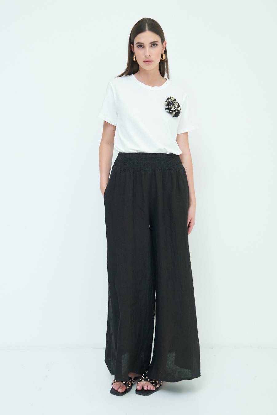 Kikisix PANTA PALAZZO LINO CON ELASTICI NERO Qualità Garantita