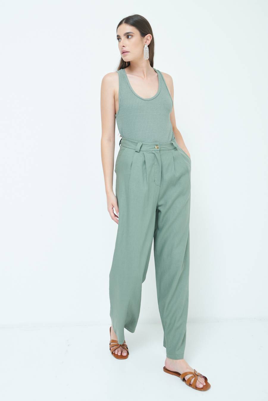 Kikisix PANTA PALAZZO CON PINCE VERDE MILITARE Affare Del Giorno