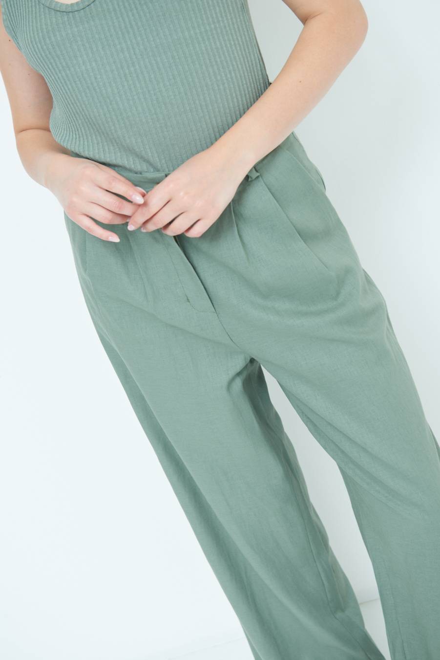 Kikisix PANTA PALAZZO CON PINCE VERDE MILITARE Affare Del Giorno