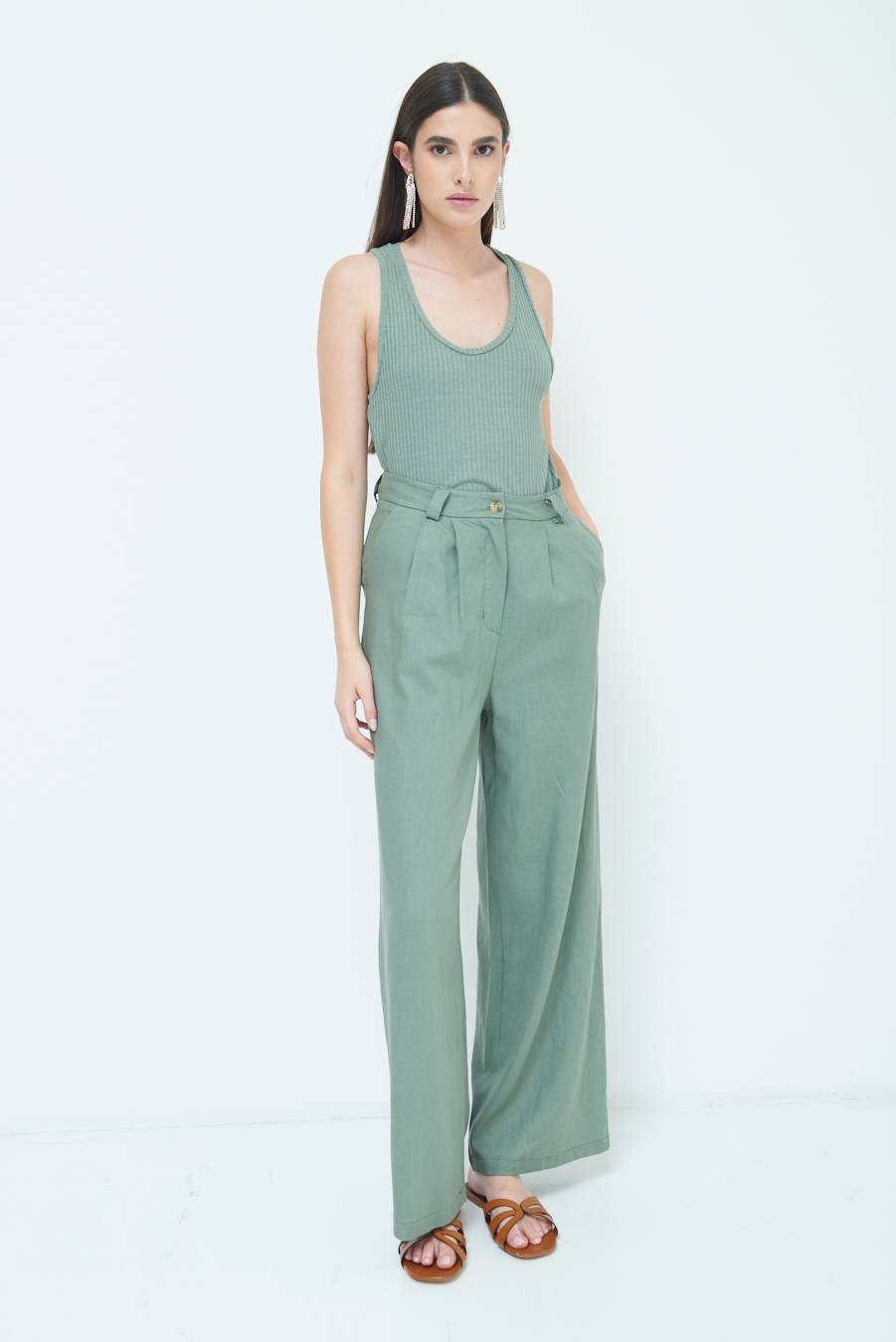 Kikisix PANTA PALAZZO CON PINCE VERDE MILITARE Affare Del Giorno