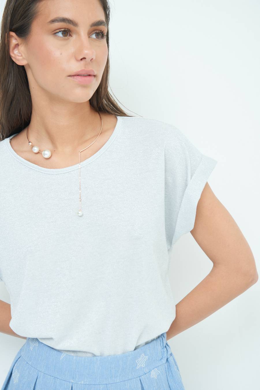 Kikisix T-SHIRT OVER CON RISVOLTO LUREX ARGENTO Grande vendita