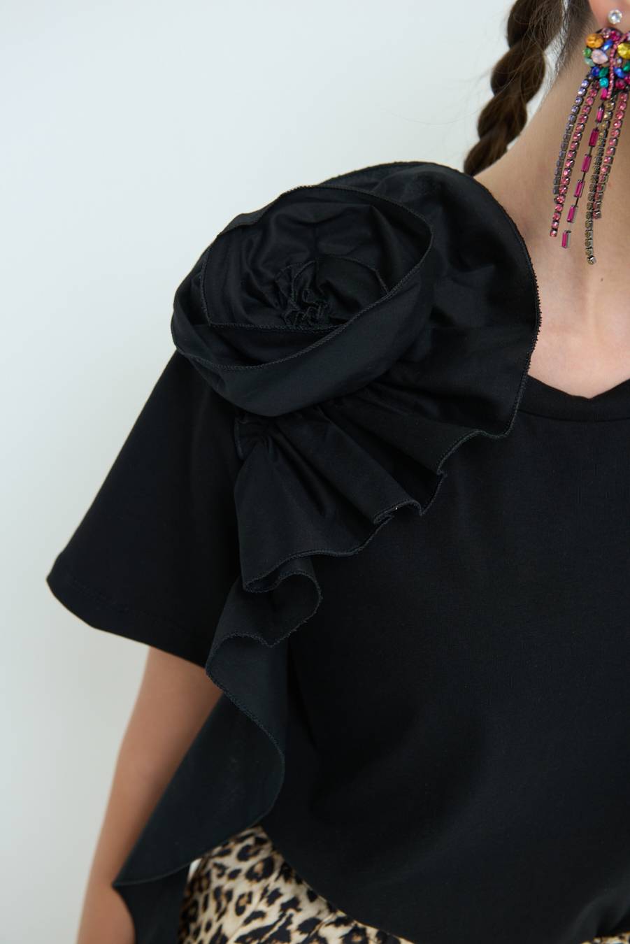 Kikisix T-SHIRT FIORE POPELINE NERO Offerta Pasqua
