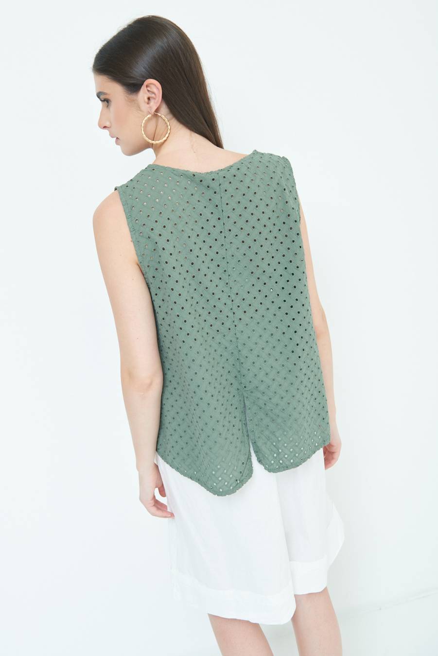 Kikisix TOP SMANICATO SANGALLO VERDE MILITARE Offerta settimanale