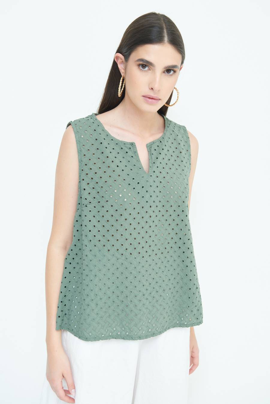Kikisix TOP SMANICATO SANGALLO VERDE MILITARE Offerta settimanale