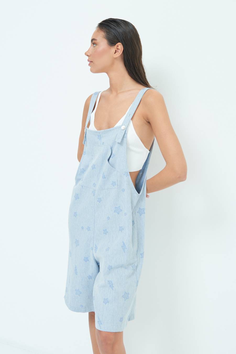 Kikisix SALOPETTE BERMUDA CON STELLE E FULMINI BLU CHIARO Super sconto