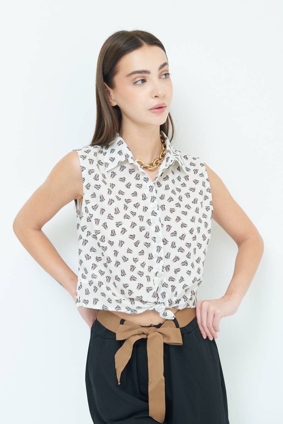 Kikisix CAMICIA SMANICATA CON NODO STAMPA NERO Shopping online