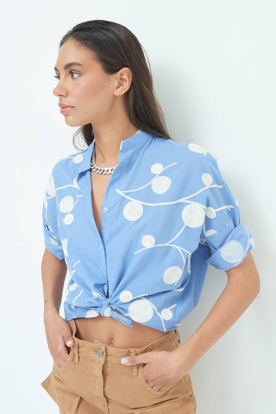 Kikisix CAMICIA NODO RICAMO CERCHIO CELESTE Cyber Monday