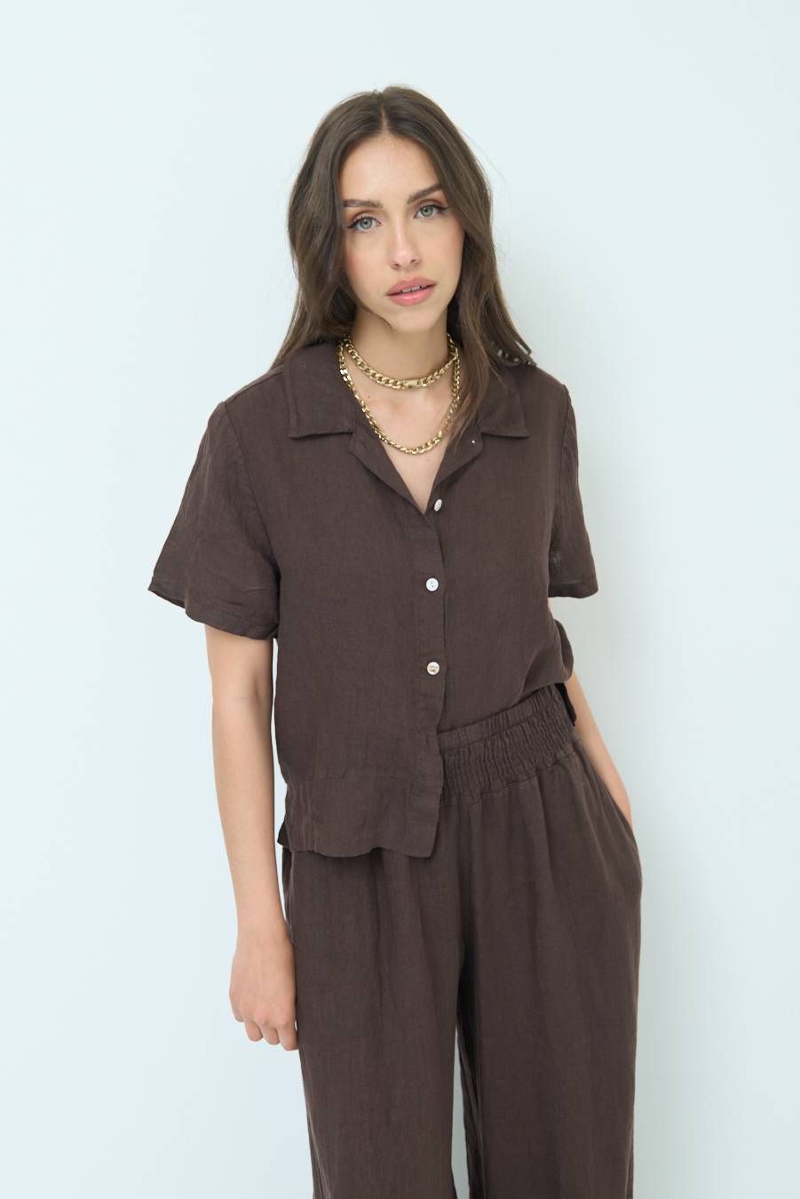 Kikisix CAMICIA LINO MEZZA MANICA CIOCCOLATO Offerta San Valentino