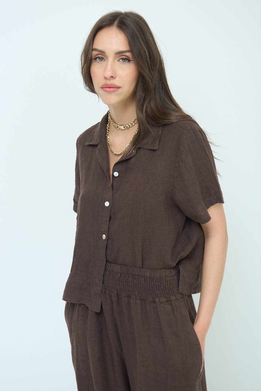 Kikisix CAMICIA LINO MEZZA MANICA CIOCCOLATO Offerta San Valentino