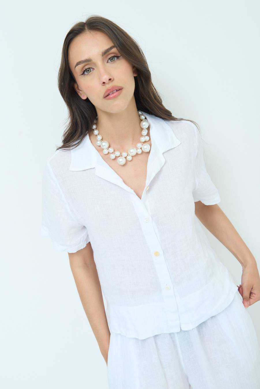 Kikisix CAMICIA LINO MEZZA MANICA BIANCO Offerta Anniversario