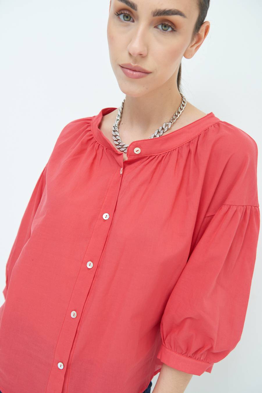 Kikisix CAMICIA SCOLLO INCRESPATO COTONE ROSSO Lightning offer