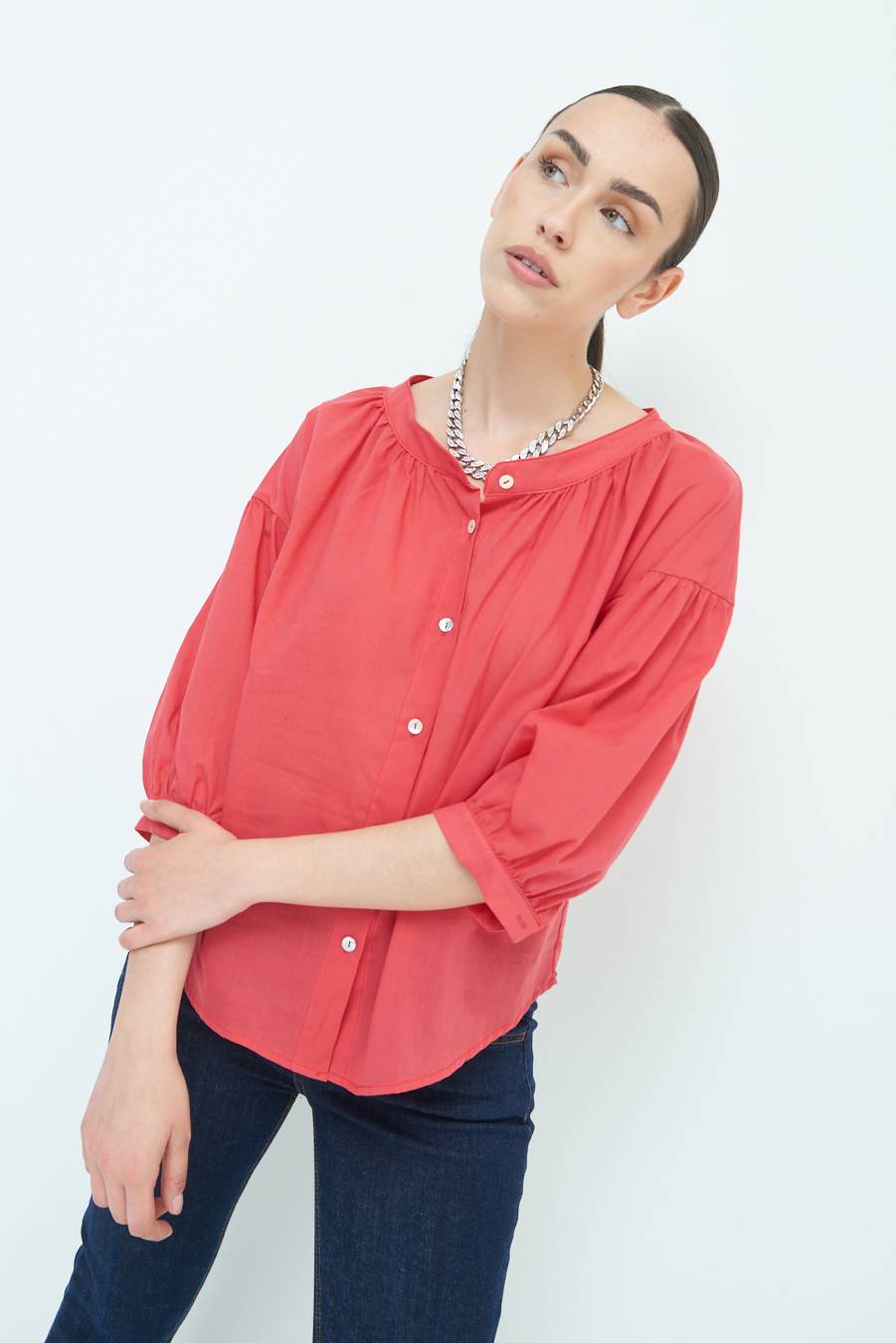 Kikisix CAMICIA SCOLLO INCRESPATO COTONE ROSSO Lightning offer