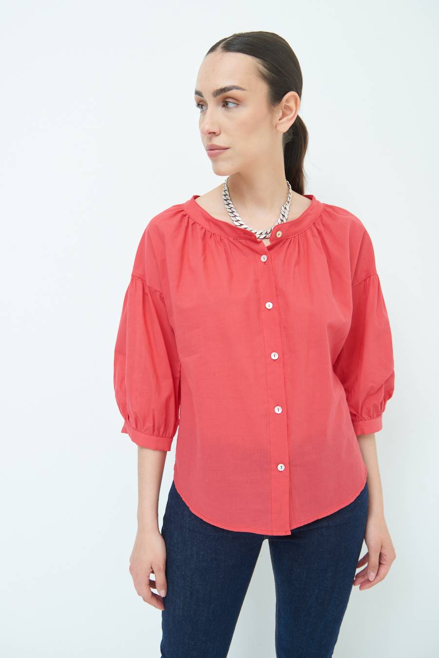 Kikisix CAMICIA SCOLLO INCRESPATO COTONE ROSSO Lightning offer