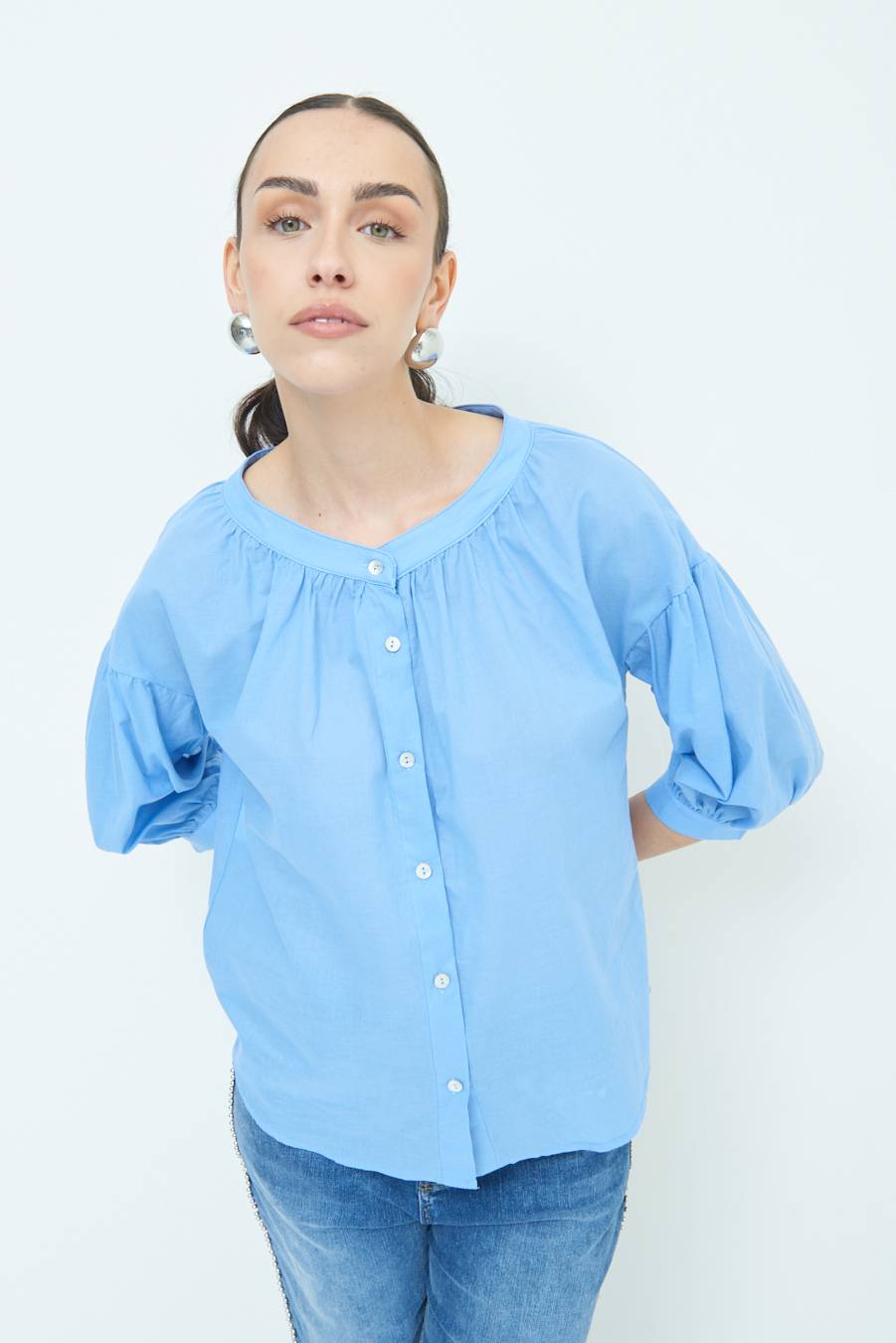 Kikisix CAMICIA SCOLLO INCRESPATO COTONE CELESTE Nuovi prodotti