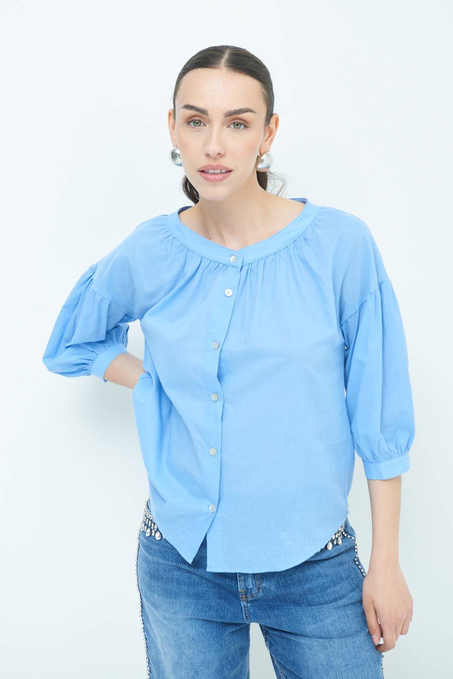 Kikisix CAMICIA SCOLLO INCRESPATO COTONE CELESTE Nuovi prodotti