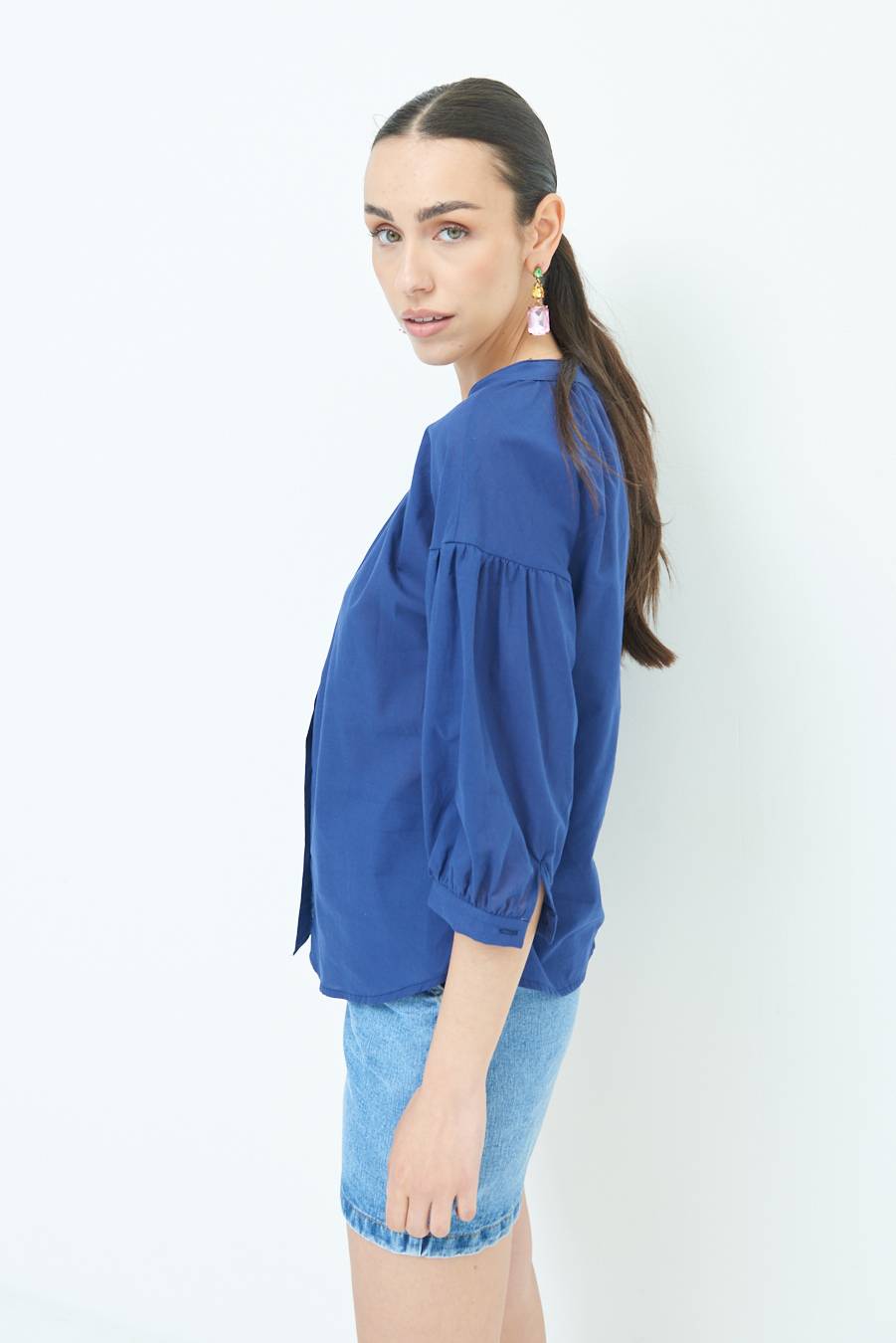 Kikisix CAMICIA SCOLLO INCRESPATO COTONE BLU Bestseller